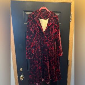 Torrid Betsey Johnson Floral Puff Sleeve Button Front Coat Red Velvet Roses